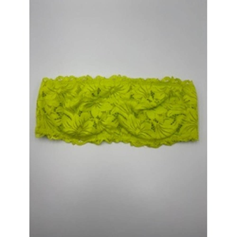 Aerie Bandeau Bra 32D Neon Yellow Green Lace Strapless Floral NWT Rave Summer